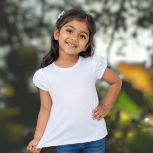Girl wearing 100% polyester shirt.