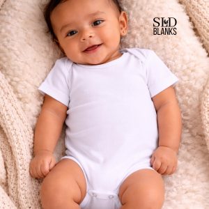 Infant wearing blank white bodysuit.